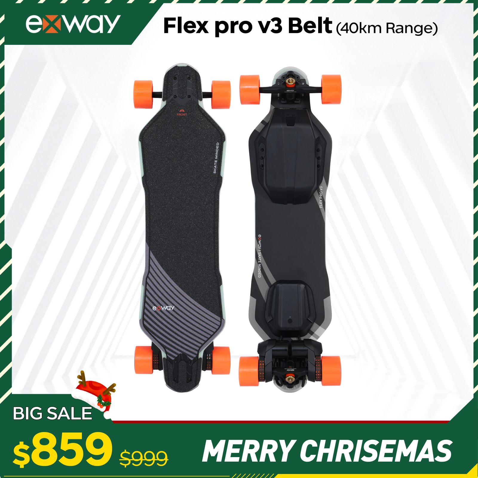 Exway Flex Pro V3 electric skateboard front view, long range, smart lighting